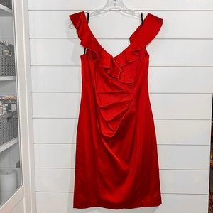 Suzi Chin for Maggy Boutique | satiny red v-neck cocktail holiday dress